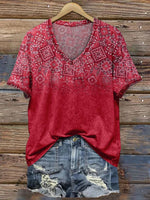 Women's Red Paisley V-neck Casual T-Shirt
