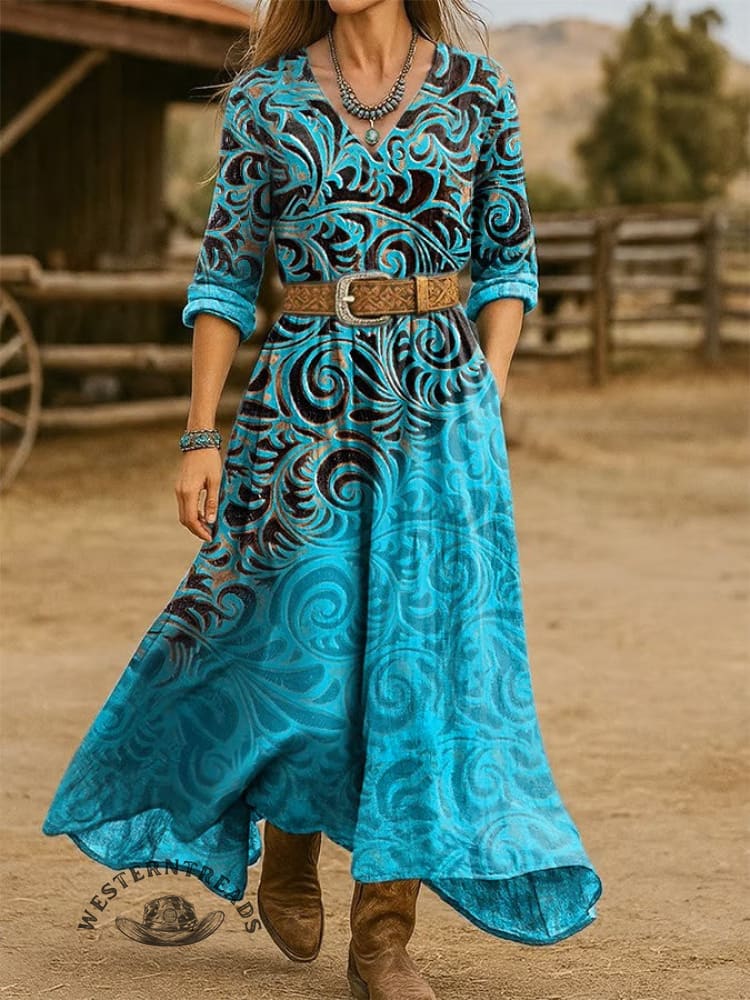 Women's Classic West Turquoise Print Pocket Cotton Dress