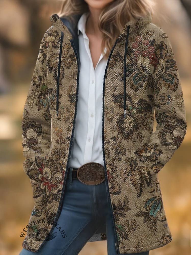 Vintage Print Unisex Plush Thick Long-Sleeved Sweater Cardigan Coat