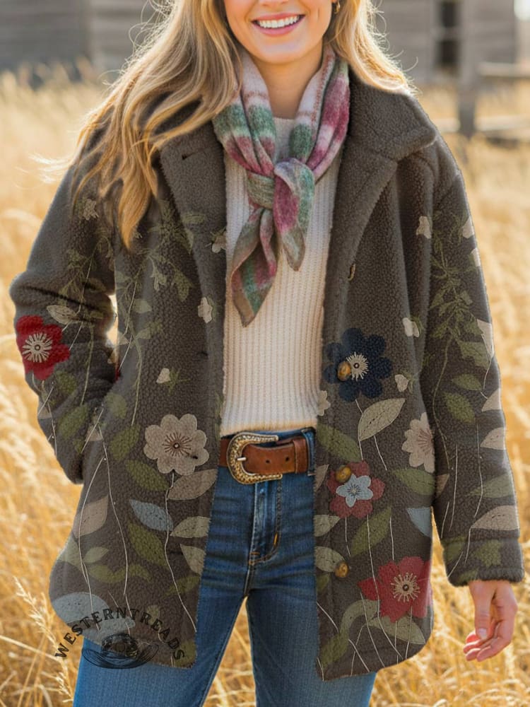 Women's Floral Print Casual Sherpa Coat Cardigan