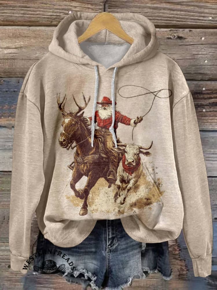 Cowboy Santa Claus Print Casual Cotton Sweatshirt