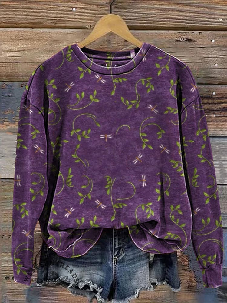 Retro Floral Dragonfly Pattern Print Casual Cotton Sweatshirt