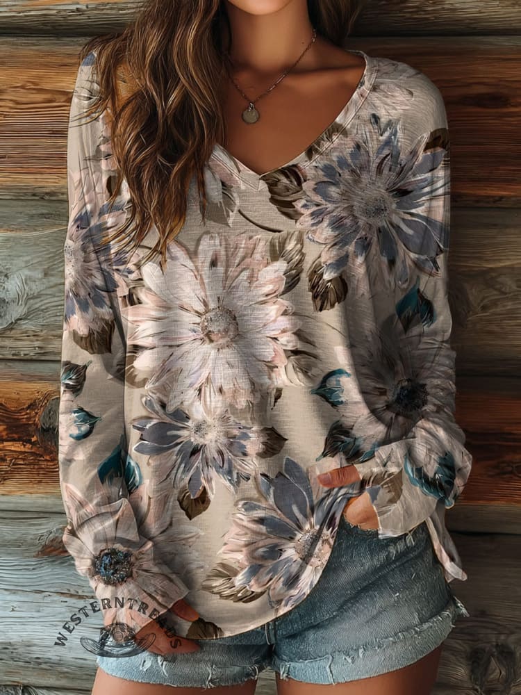 100% Cotton🍃Women's Retro Floral Art Print Casual V-neck Long Sleeve T-shirt