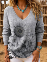 Retro Texture Sunflower Flower Print Casual T-shirt