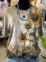 Retro Sunflower Art Painting Print T-shirt