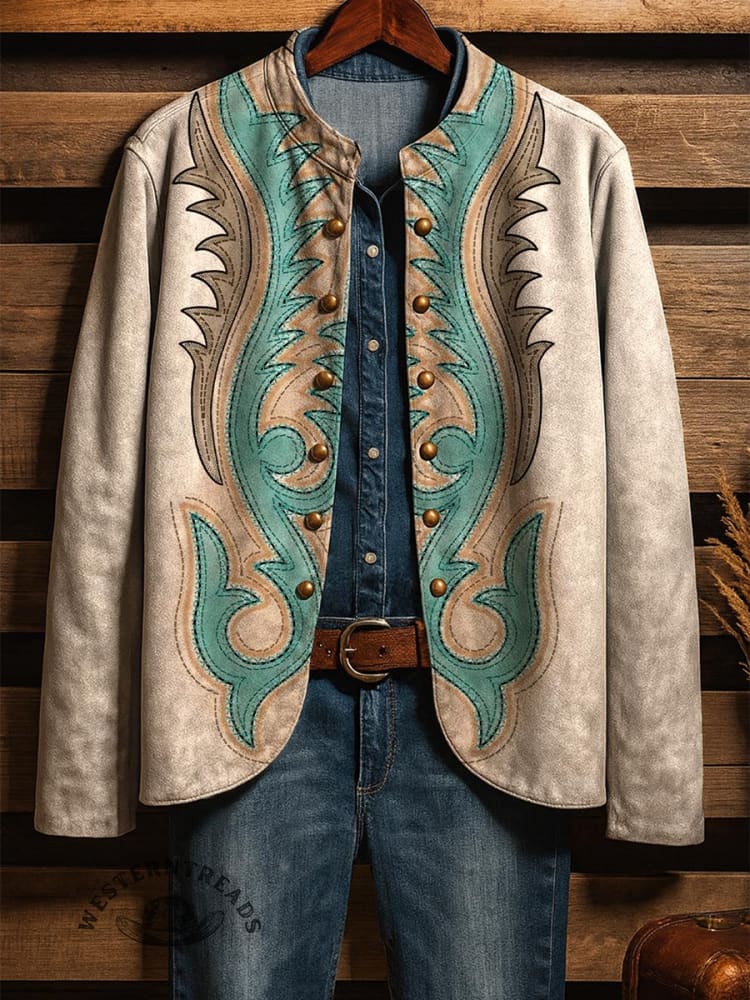 Women's Retro Cowboy Boot Stitch Pattern Print Casual Jacket
