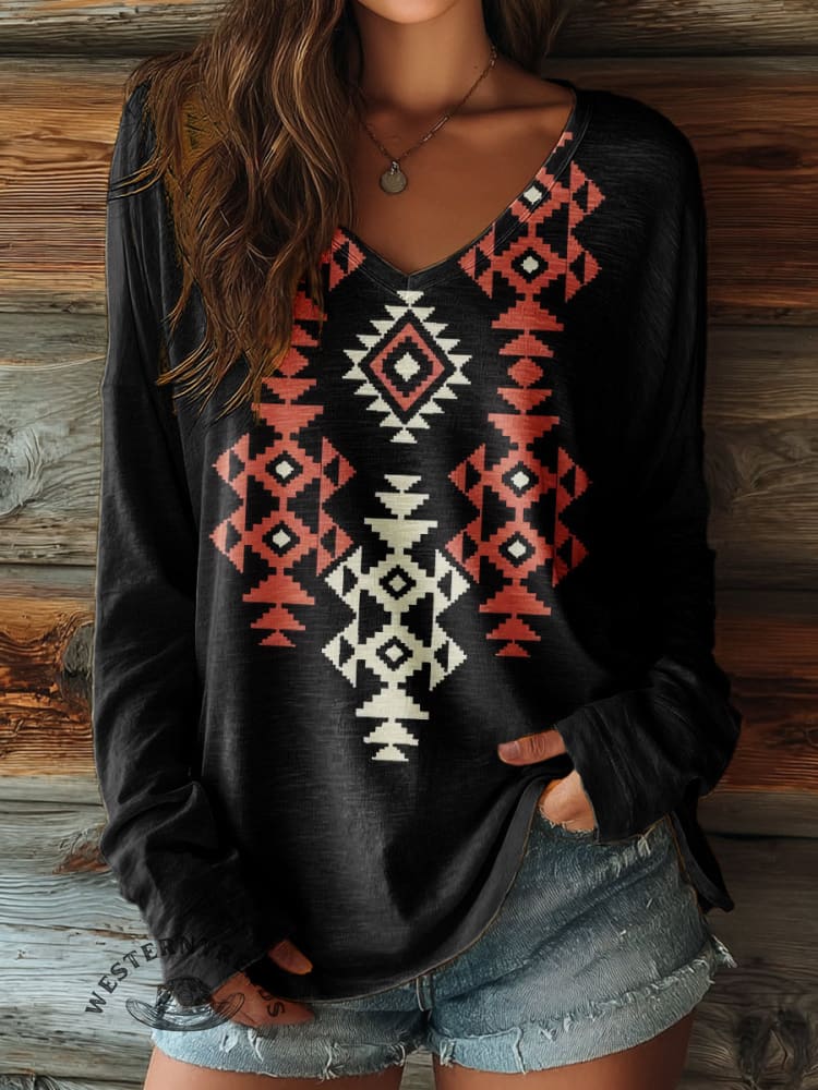 100% Cotton🍃Women's Simple Ethnic Pattern Print Casual V-neck Long Sleeve T-shirt