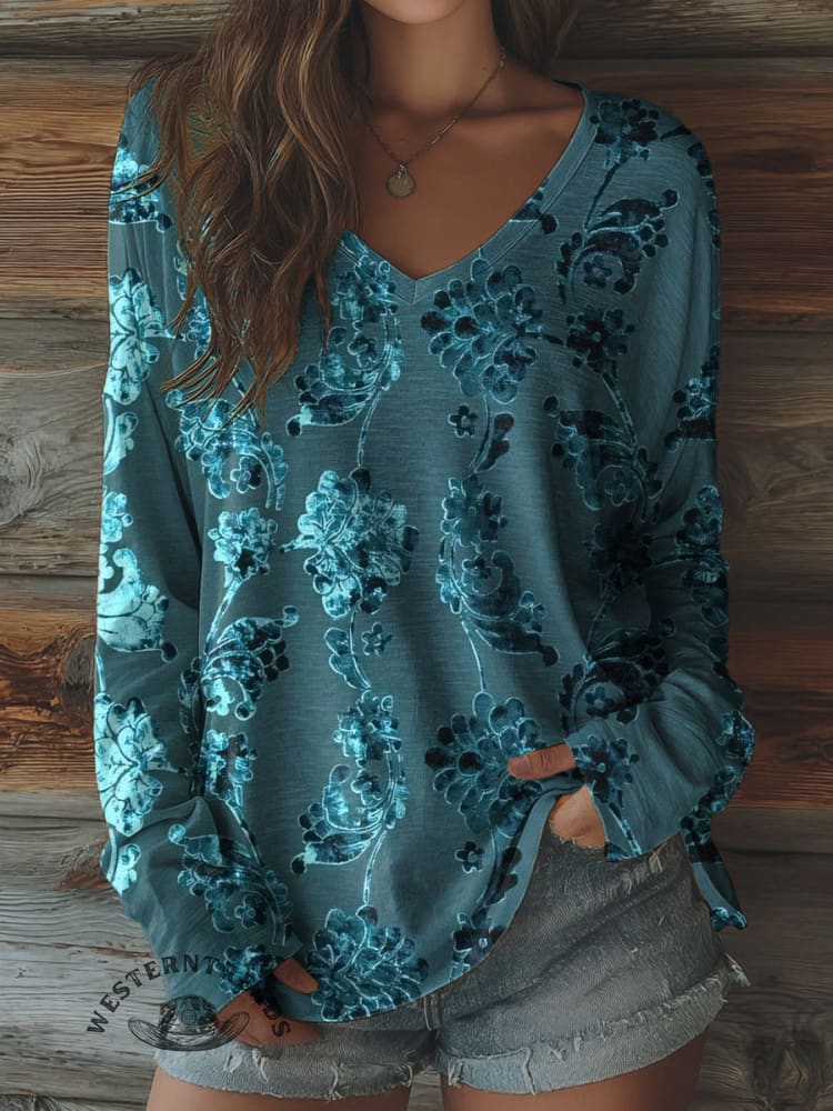 100% Cotton🍃Women's Retro Floral Art Print Casual V-neck Long Sleeve T-shirt