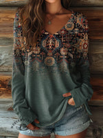 100% Cotton🍃Women's Pattern Art Print Casual V-neck Long Sleeve T-shirt