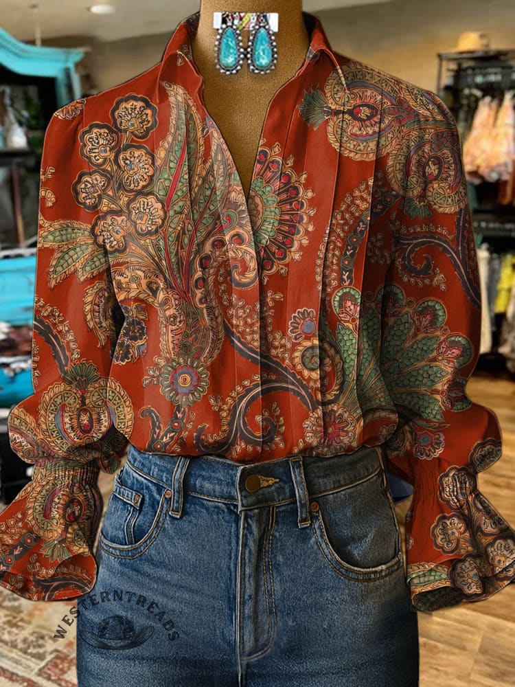 Women's Vintage Floral Pattern Print Casual Cotton And Linen Shirt