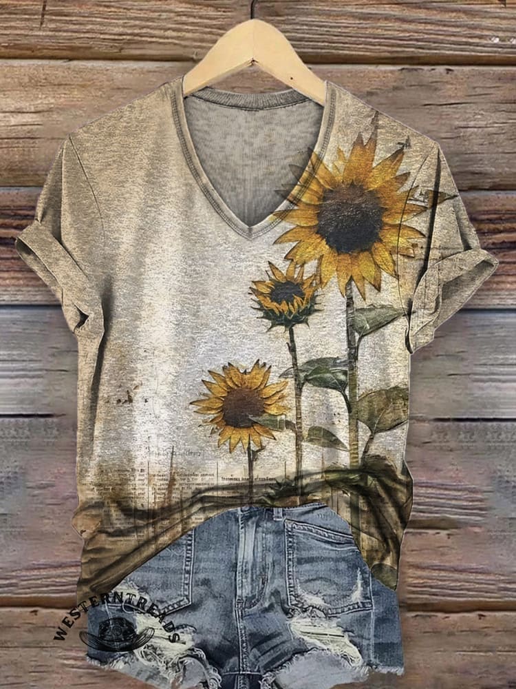 Retro Sunflower Pattern Print T-shirt
