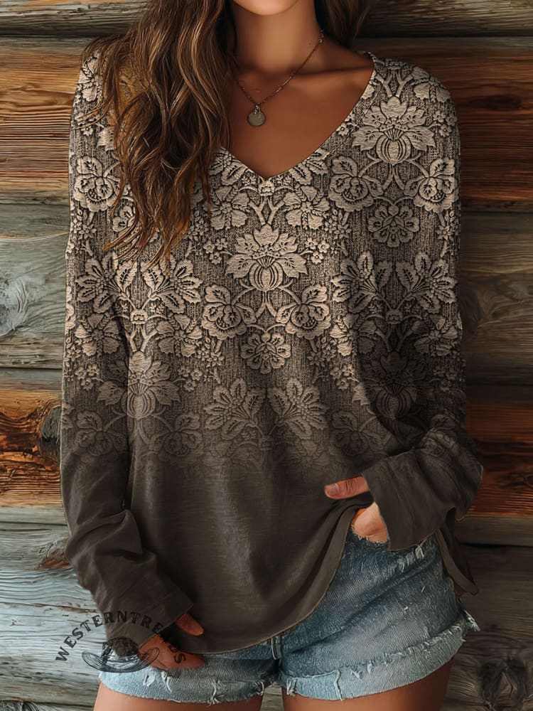100%Cotton🍃Women's Floral Texture Print Casual V-neck Long Sleeve T-shirt