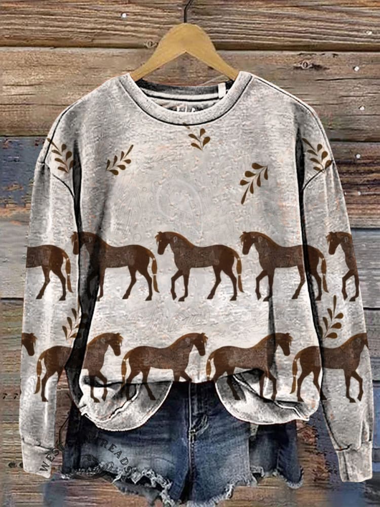 Horse Print Casual Cotton Sweatshirt