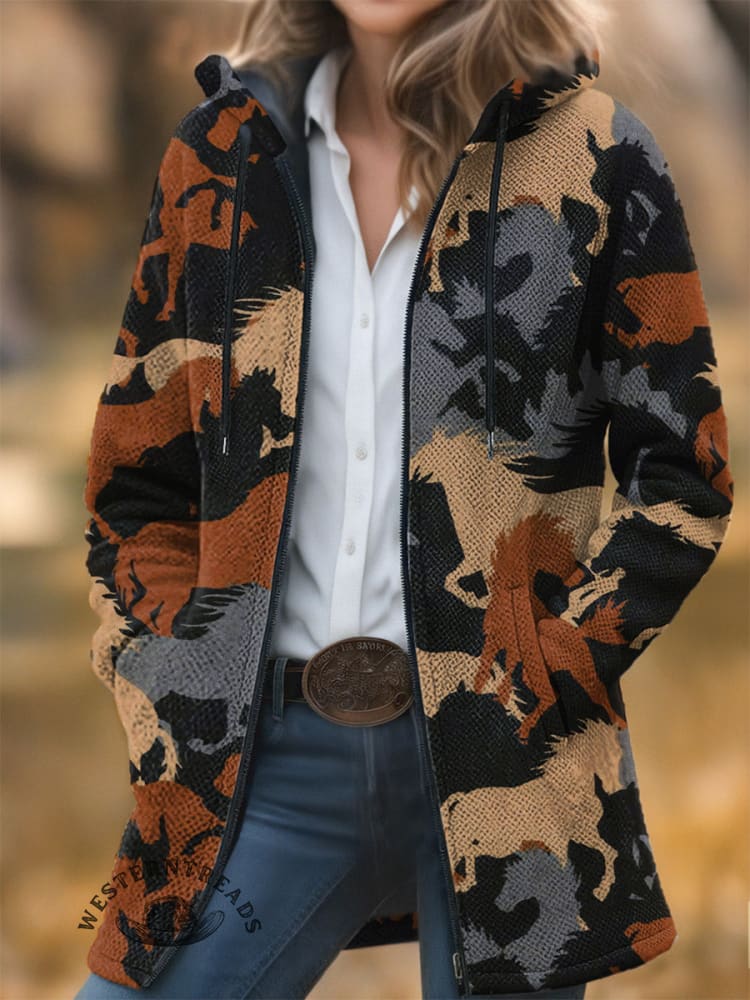Horse Pattern Unisex Plush Thick Long-Sleeved Cardigan Coat