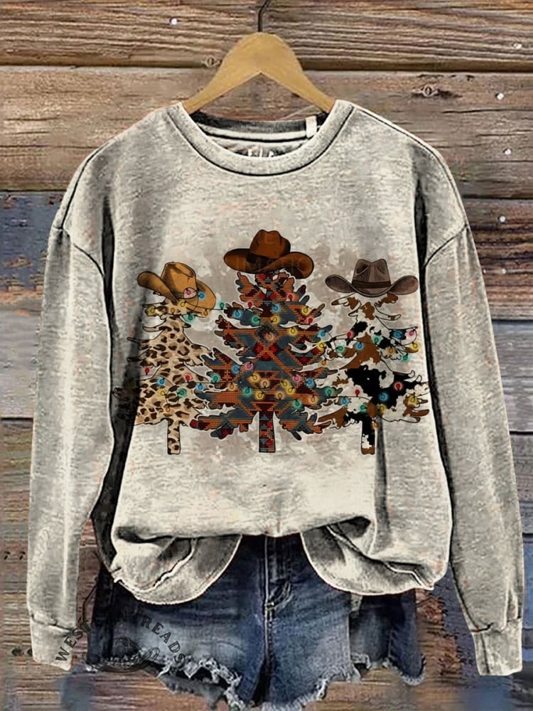 Lepord Christmas Tree Cowboys Print Casual Cotton Sweatshirt