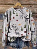 Retro Christmas Elf Print Casual Cotton Sweatshirt