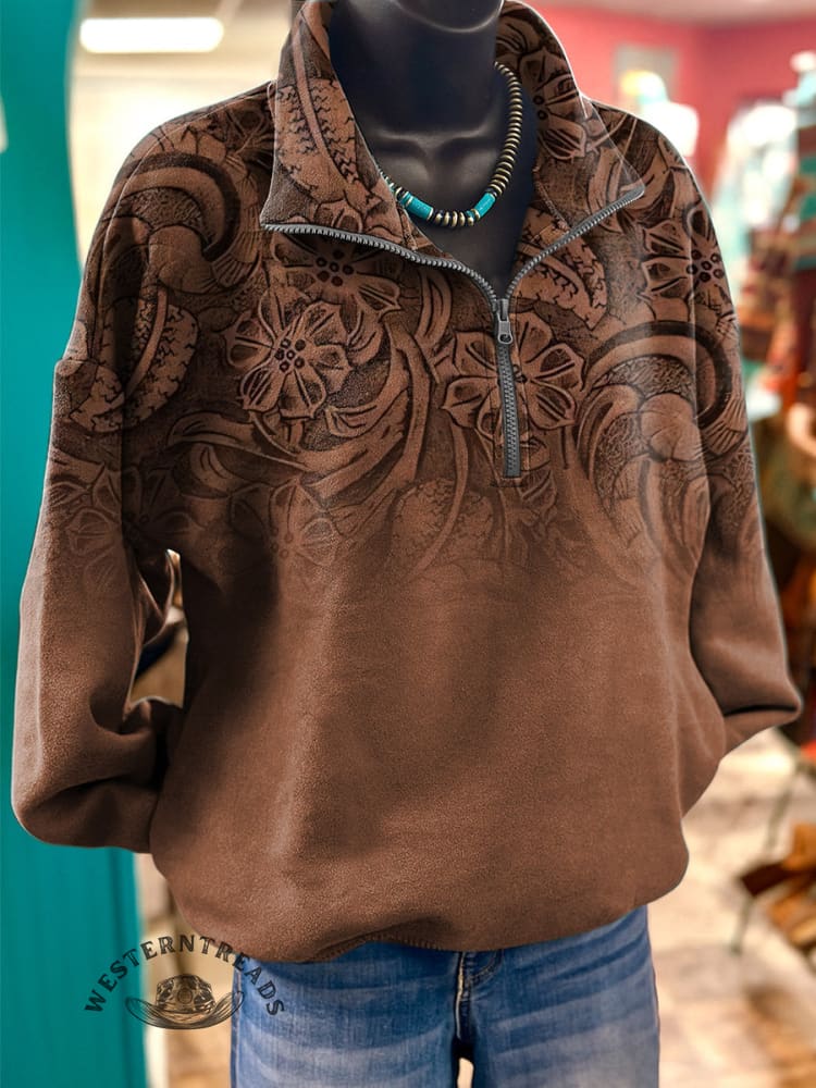 Leather Embossing Pattern Print Casual Long Sleeve Zip Sweatshirt