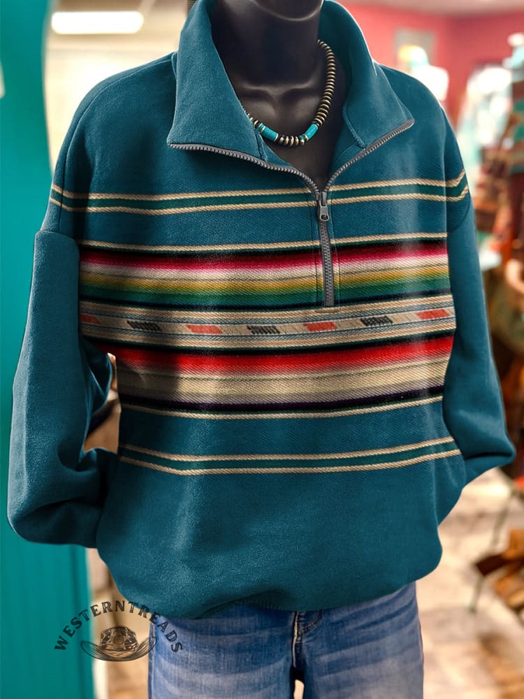 Vintage Art Pattern Print Casual Long Sleeve Zip Sweatshirt