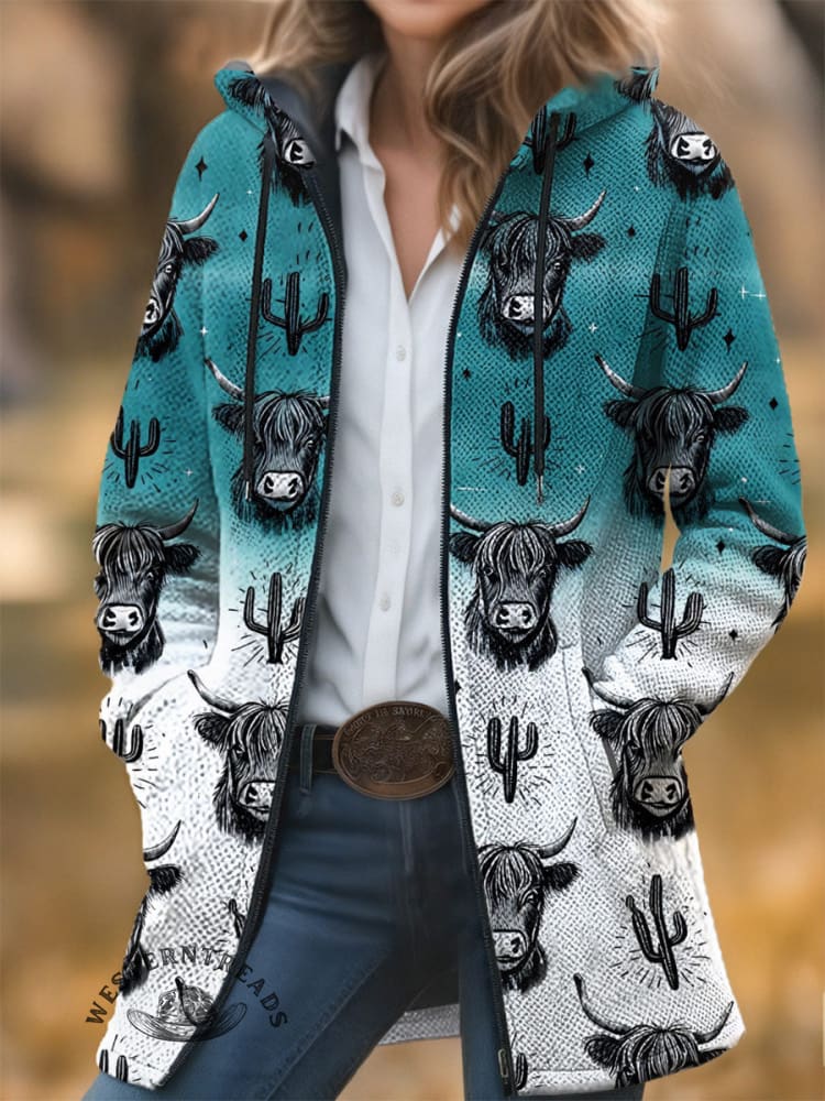 Cow Catcus Unisex Plush Thick Long-Sleeved Cardigan Coat