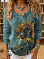 Turquoise Sunflower Print Buttoned Cardigan Sweater