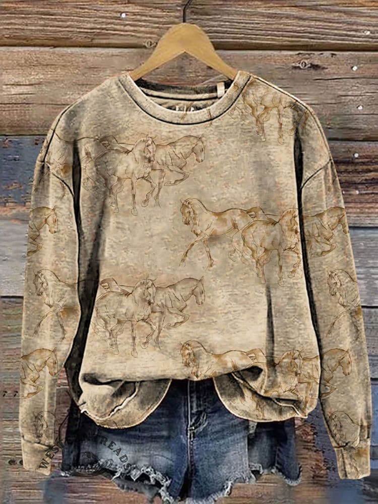Horse Pattern Print Casual Cotton Sweatshirt