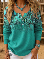 Turquoise Pattern Print Buttoned Cardigan Sweater