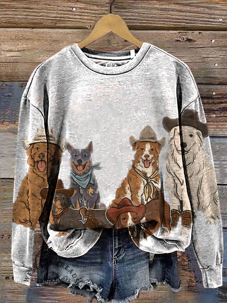 Cute Cowboys Dog Art Print Casual Cotton Sweatshirt