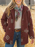 Women's Art Print Casual Sherpa Coat Cardigan