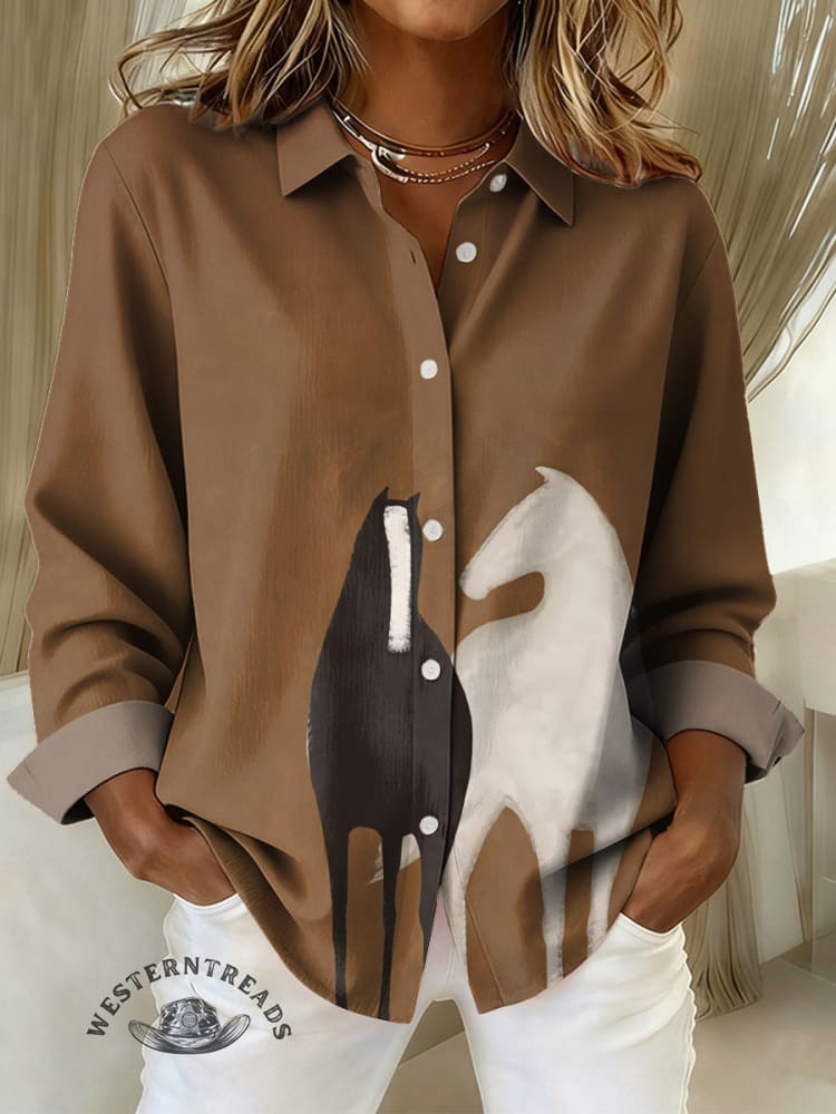 Women's Horse Art Print Casual Cotton Shirt