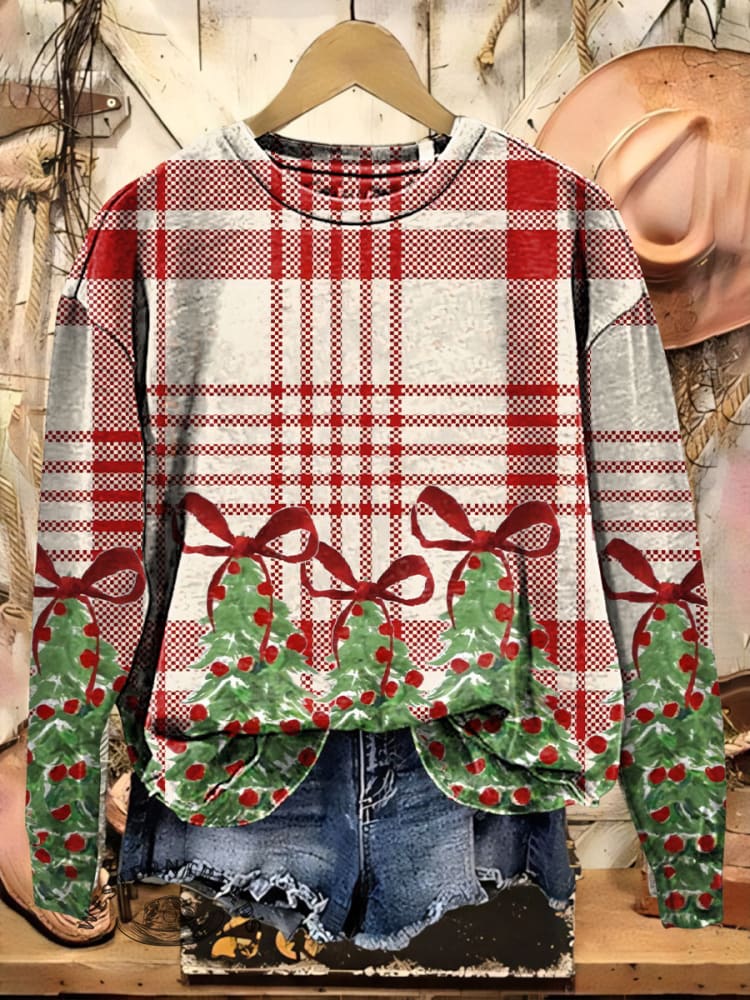 Christmas Tree Bow Print Casual Cotton Sweatshirt