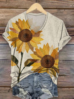 Women's Sunflower Art V-neck Casual T-Shirt