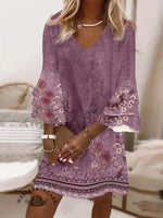Women’s Floral Pattern Print Flare Sleeve V Neck Loose Dress