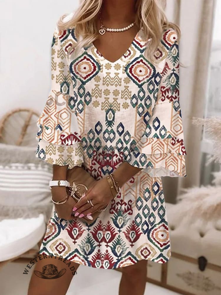 Women’s Floral Pattern Print Flare Sleeve V Neck Loose Dress