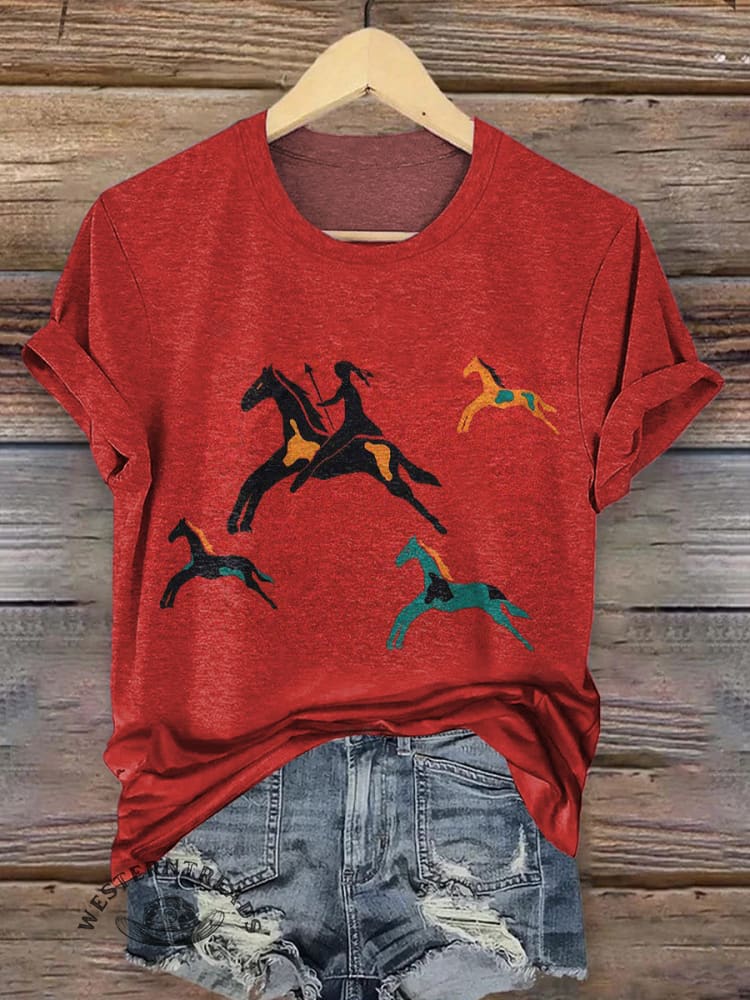 Red vintage cowgirl horse art short sleeve t-shirt