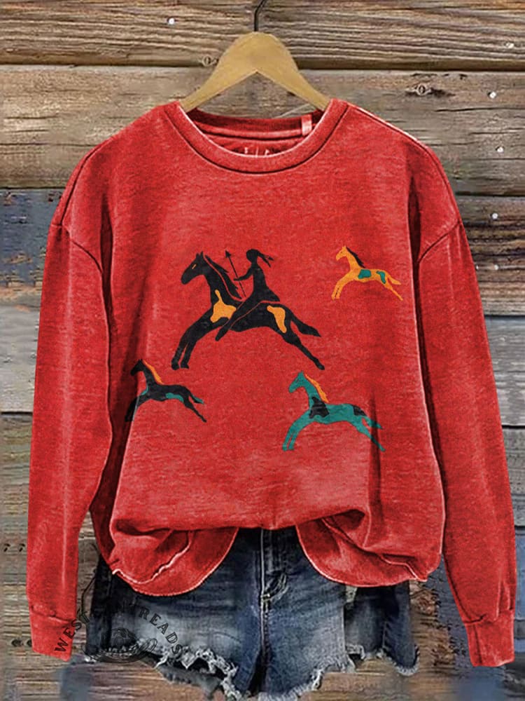 Classic Horse Art Print Casual Cotton Sweatshirt