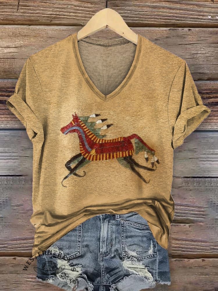 Women's Classic Horse Art Pirnt V-neck Casual T-Shirt
