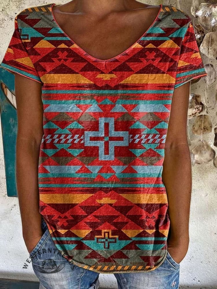 Vintage Aztec Art Print 100%Cotton Crew Tee T-Shirt