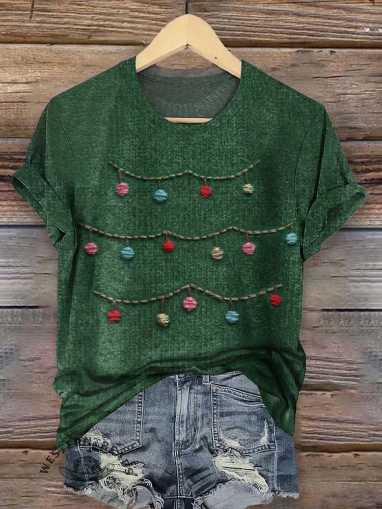 Retro Christmas Tree Casual Cotton Crew Neck T-shirt