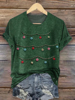 Retro Christmas Tree Casual Cotton Crew Neck T-shirt