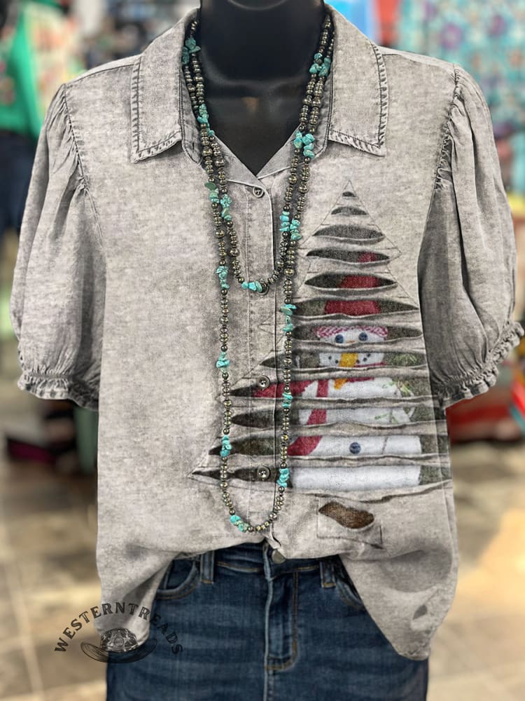 Women's Retro Christmas Tree Snowman Pattern Print Casual Cotton Shirt