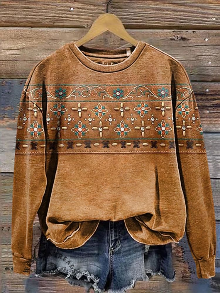 🔥Hot Sale🔥Ethnic Imitation Embroidery Vintage Flowers Print Sweatshirt
