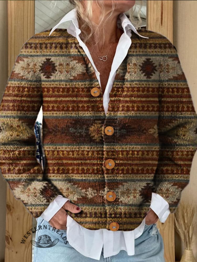 Ethnic Aztec Vintage Flowers Print Buttoned Cardigan Sweater