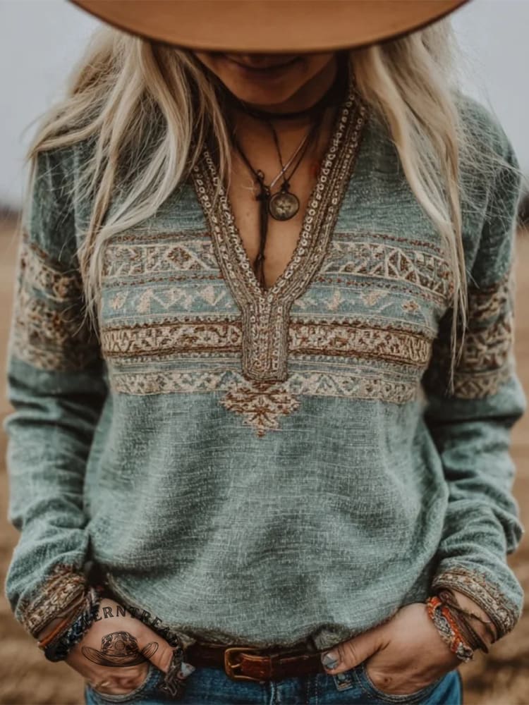 Women's Vintage Western Geometric Print V-neck Long Sleeve Linen Blend Casual Cotton Sweatshirt