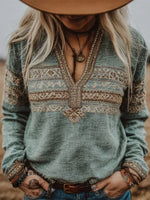 Women's Vintage Western Geometric Print V-neck Long Sleeve Linen Blend Casual Cotton Sweatshirt