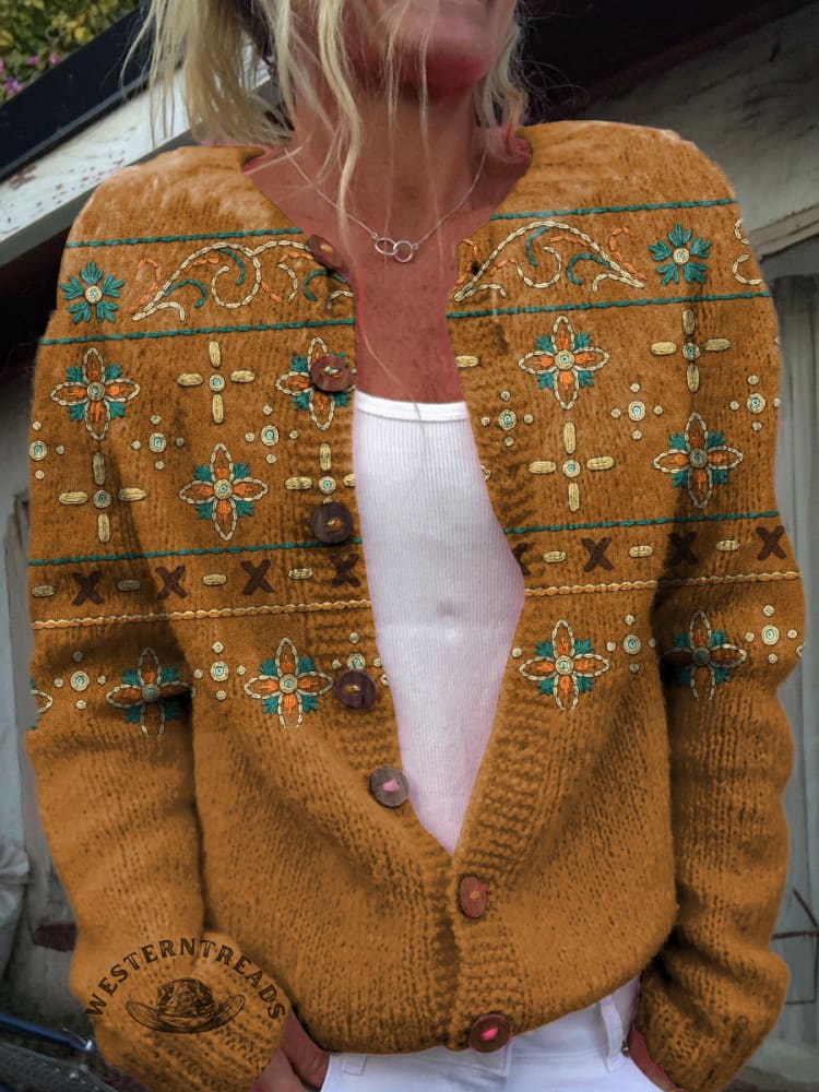 Ethnic Imitation Embroidery Vintage Flowers Print Buttoned Cardigan Sweater