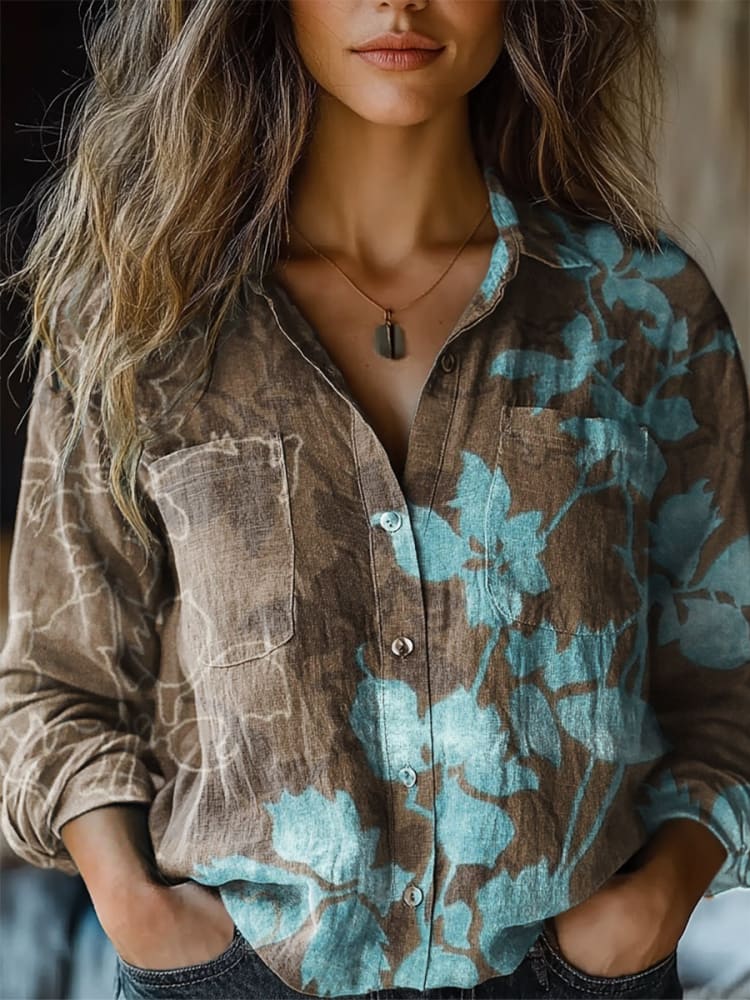 Women's Contrast Floral Print Casual Long Sleeve Comfortable Cotton Shirt