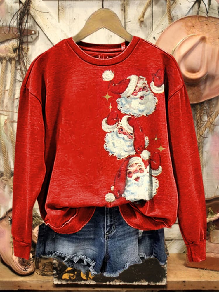Vintage Christmas Santa Claus Print Casual Cotton Sweatshirt