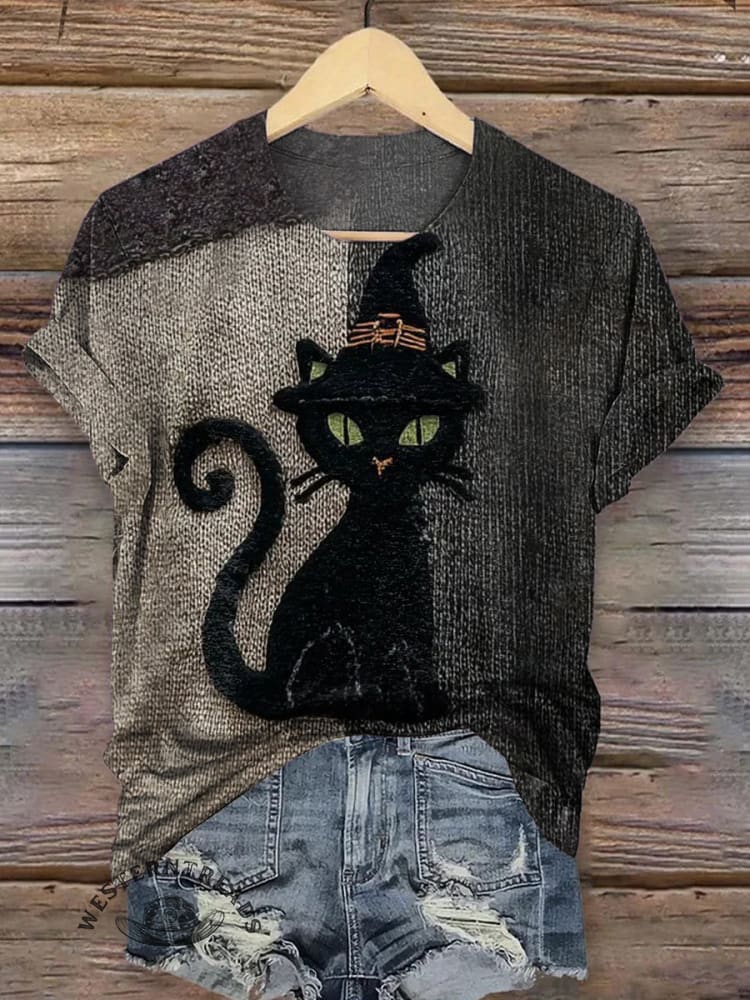 Halloween Black Cat Art Print T-shirt