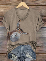 Women's Vintage Donkey Art Print V-neck Casual T-Shirt