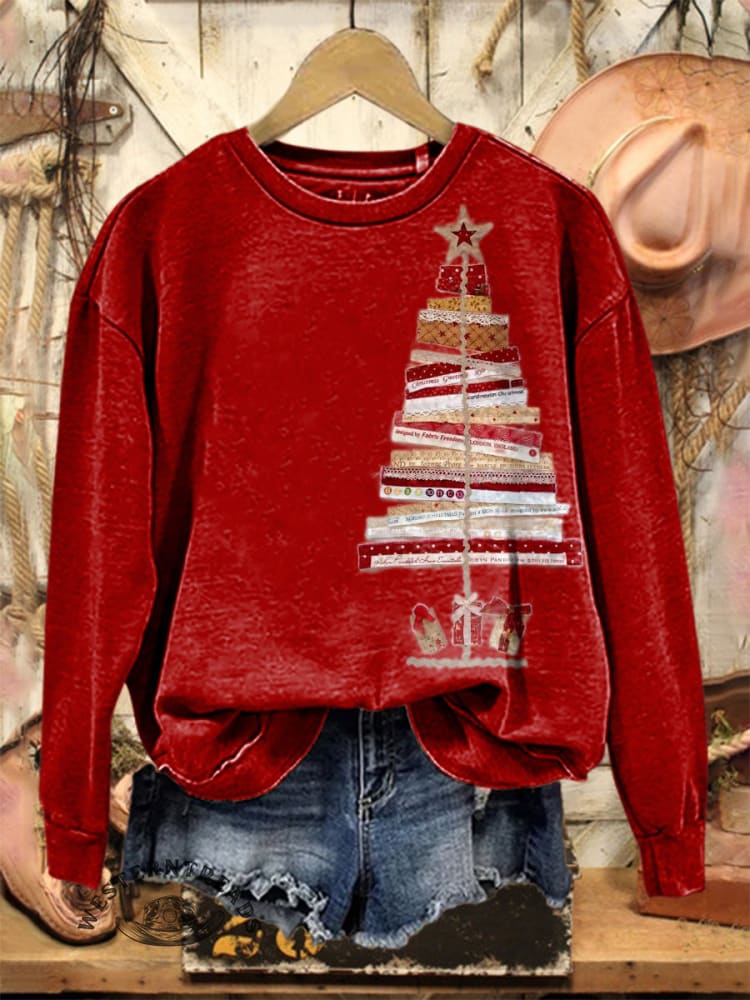 Vintage Christmas Tree Print Casual Cotton Sweatshirt